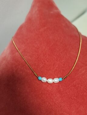 Delicate Gold Freshwater Pearls & Turquoise Bead Necklace - Women Jewelry